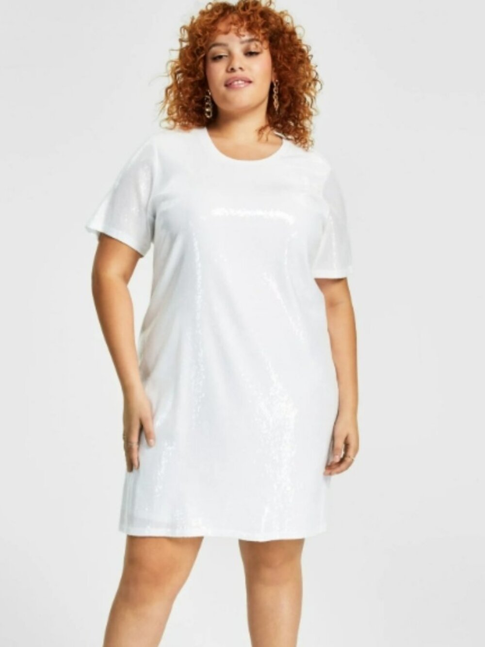 Nina Parker x Macy's Plus Size White Printed Sequin Dress Short Sleeve 1X NWT